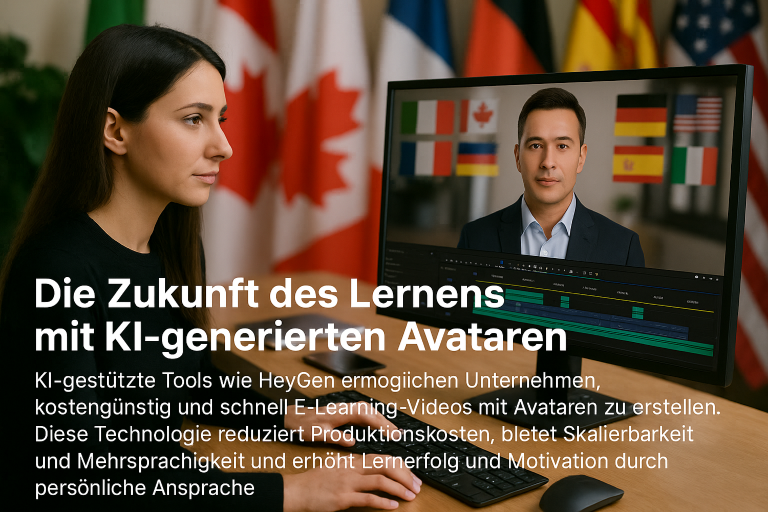 Frau betrachtet Bildschirm mit KI-generiertem Avatar. Thema: KI-gestützte E-Learning-Videoproduktion mit HeyGen.