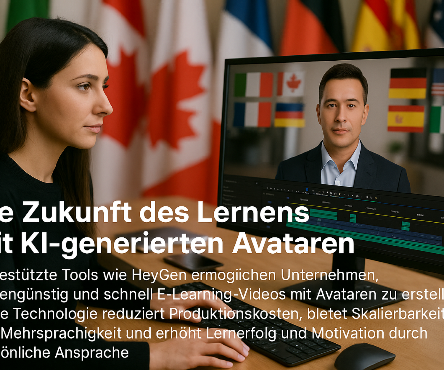 Frau betrachtet Bildschirm mit KI-generiertem Avatar. Thema: KI-gestützte E-Learning-Videoproduktion mit HeyGen.