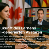 Frau betrachtet Bildschirm mit KI-generiertem Avatar. Thema: KI-gestützte E-Learning-Videoproduktion mit HeyGen.