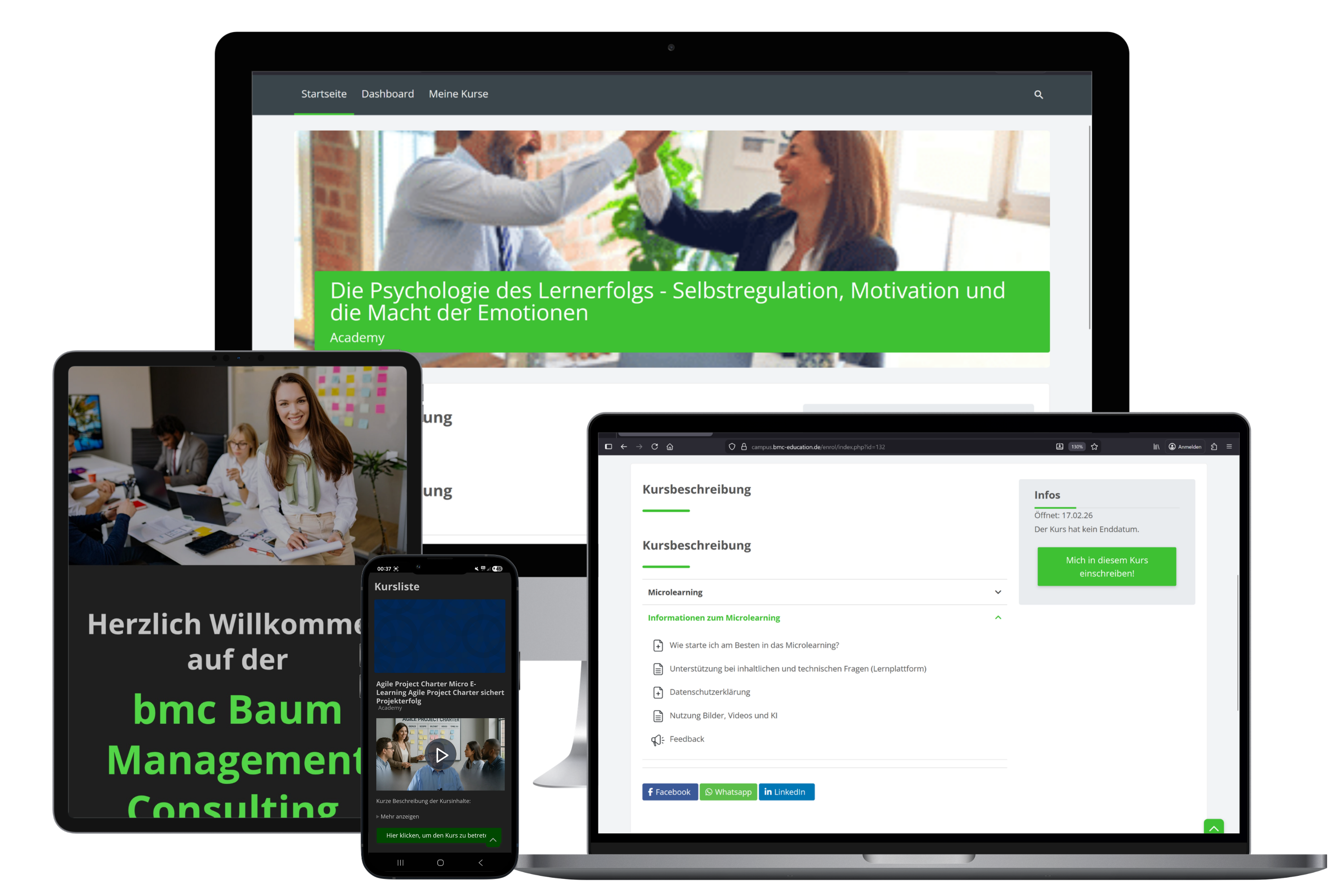BMC Education – Moodle LMS responsive auf allen Geräten BMC Education LMS-Plattform auf allen Geräten – Moodle-Hosting DSGVO-konform für Desktop, Tablet und Smartphone