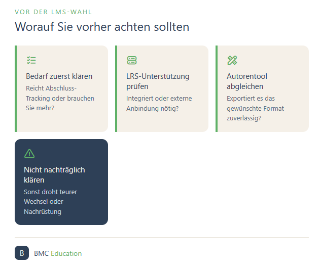 Vier Punkte zur LMS-Wahl im Hinblick auf SCORM und xAPI: Bedarf, LRS, Autorentool, rechtzeitige Klärung