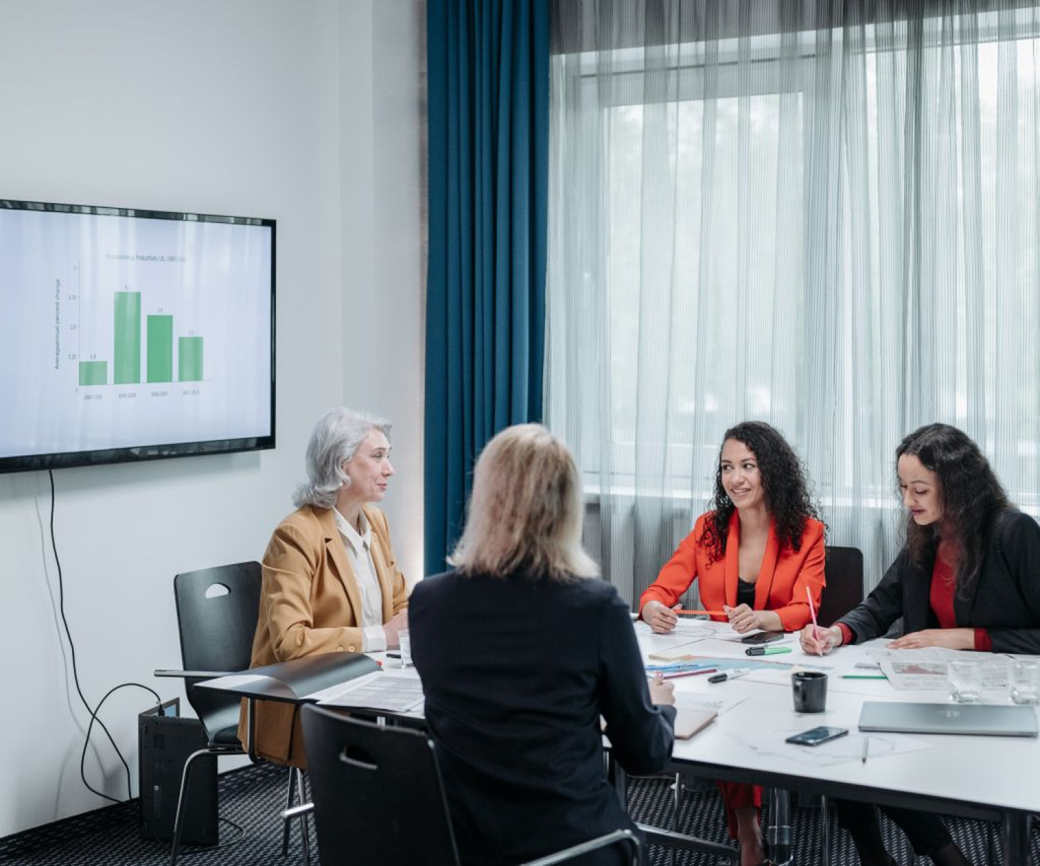 Vier Frauen besprechen an einem Tisch die Kosten eines LMS für Vereine, im Hintergrund zeigt ein Bildschirm ein Balkendiagramm