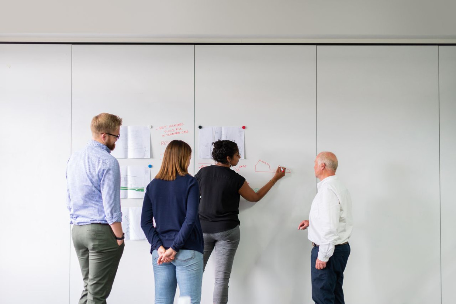 Vier Kollegen planen an einer weißen Wand gemeinsam, wie sie ihr LMS wechseln