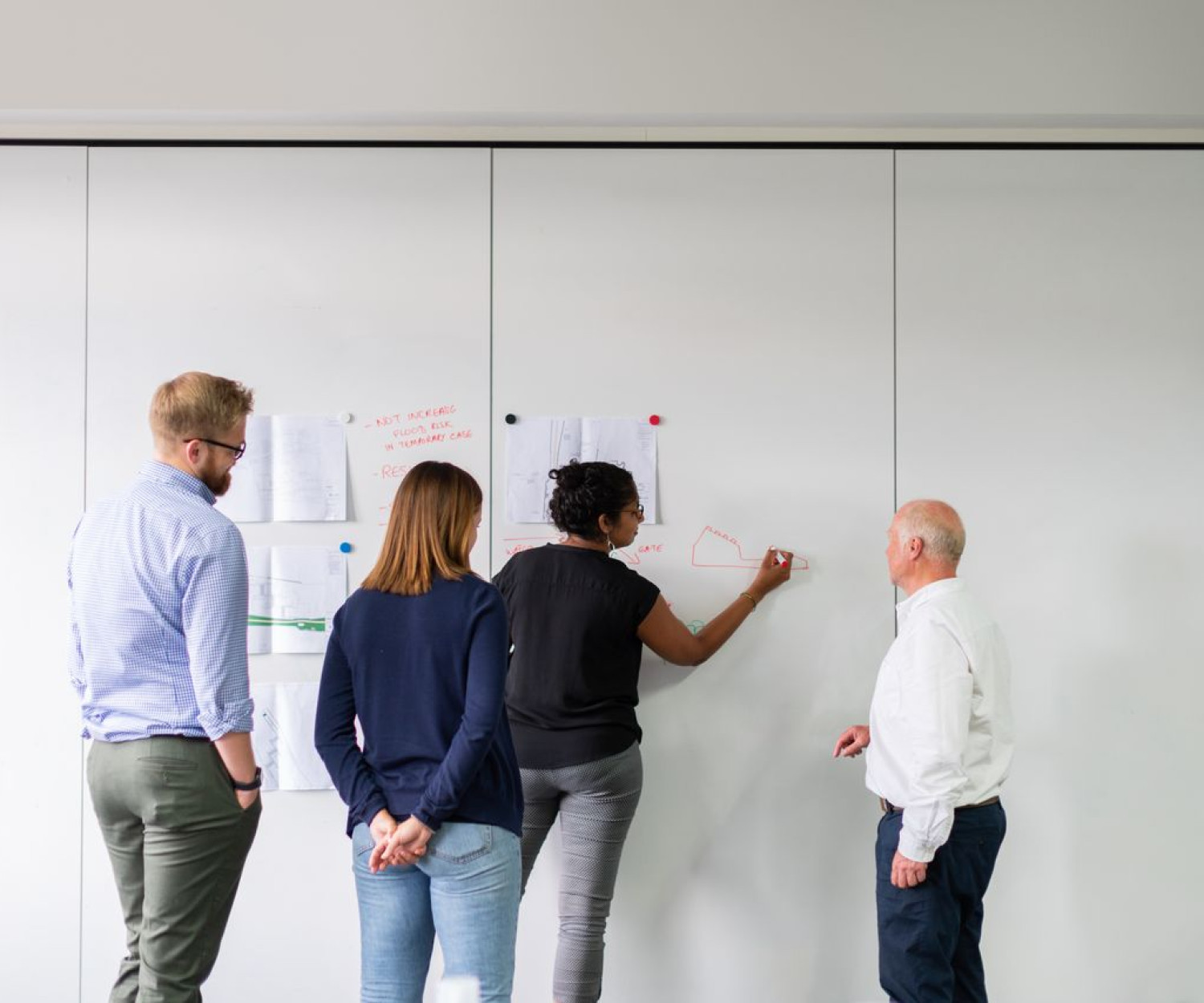 Vier Kollegen planen an einer weißen Wand gemeinsam, wie sie ihr LMS wechseln